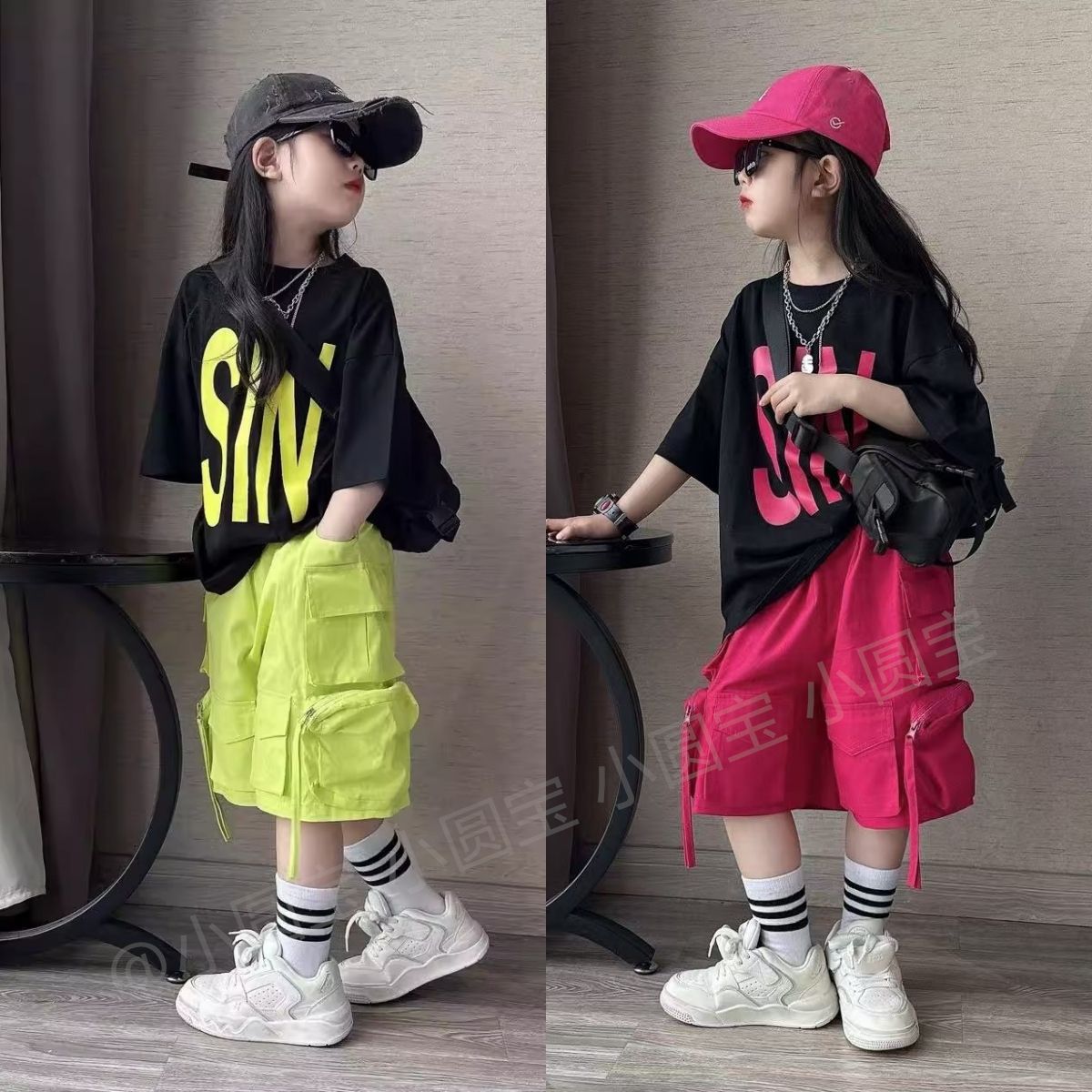 女童夏季套装2025新款甜酷炸街中大童字母短袖口袋工装短裤两件套