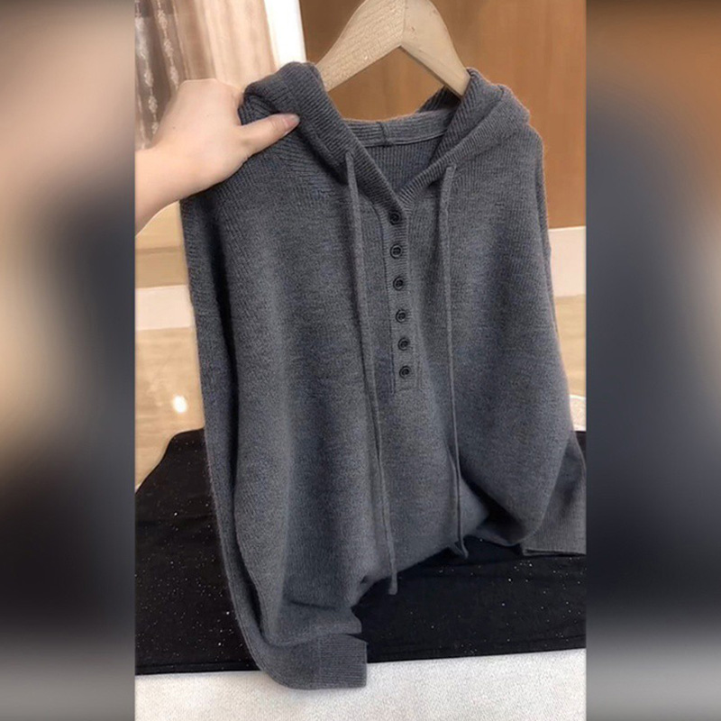 M885韩系灰色套头连帽毛衣针织衫秋冬宽松内搭叠穿针织衫上衣