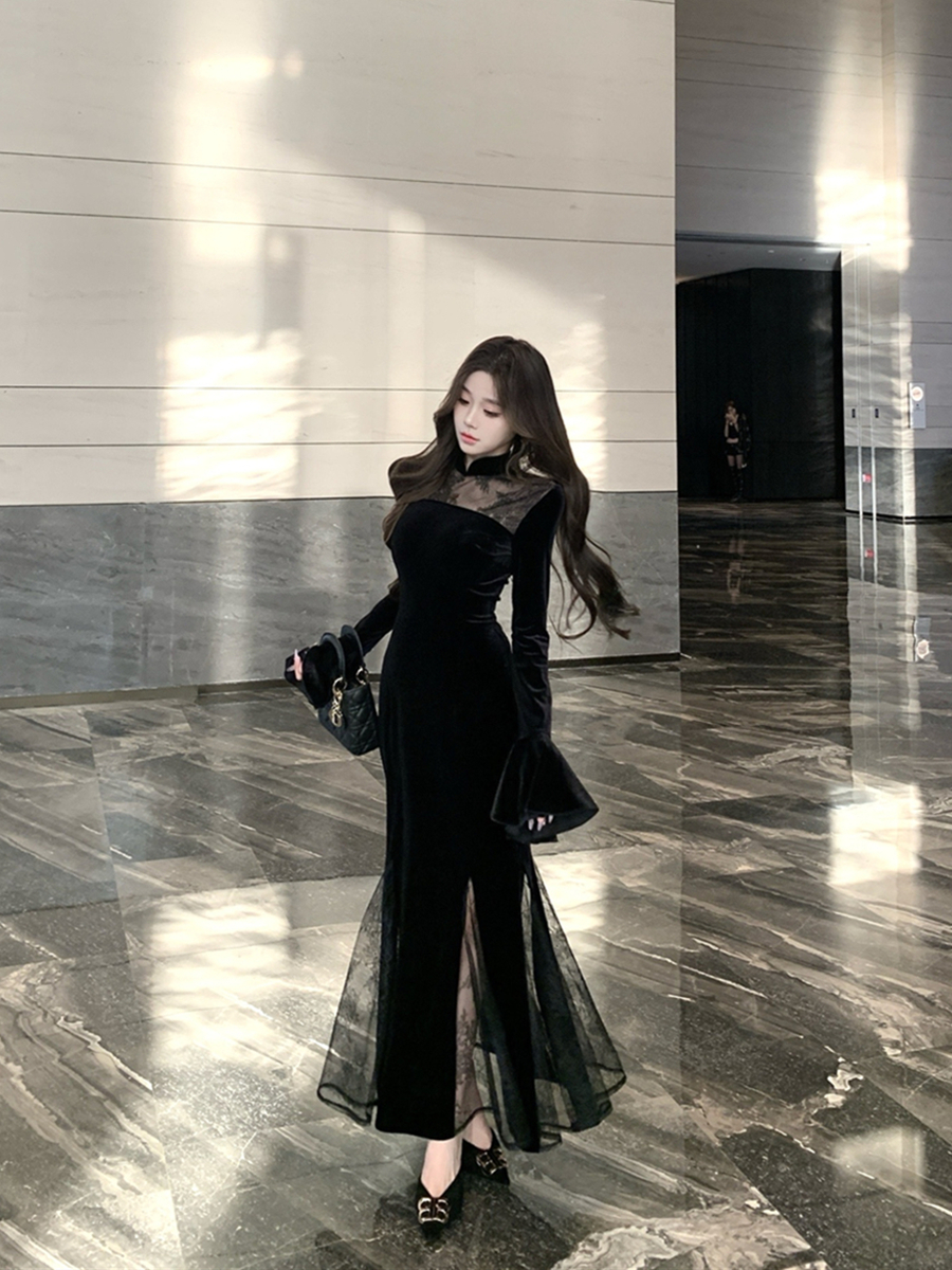 2025复古性感黑色显瘦蕾丝拼接丝绒步步生莲旗袍连衣裙长裙女