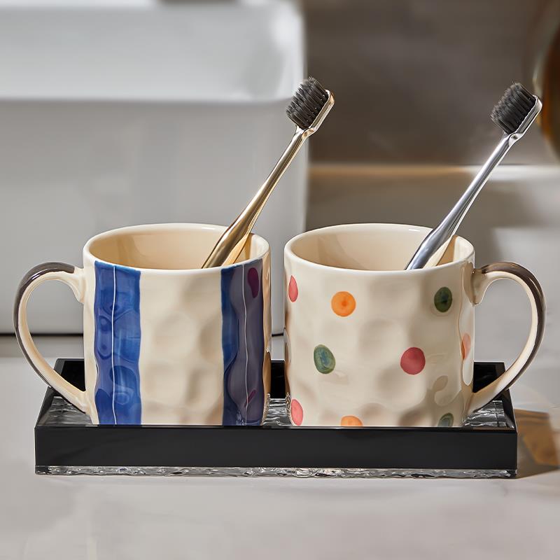 陶瓷漱口杯情侣刷牙杯一对家用牙杯高颜值牙缸洗漱杯托盘