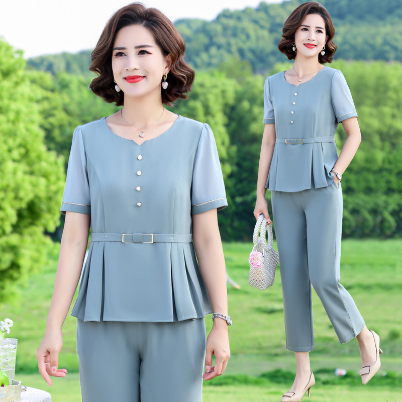中年妈妈夏装时尚气质短袖2025新款中老年女洋气减龄上衣两件套装