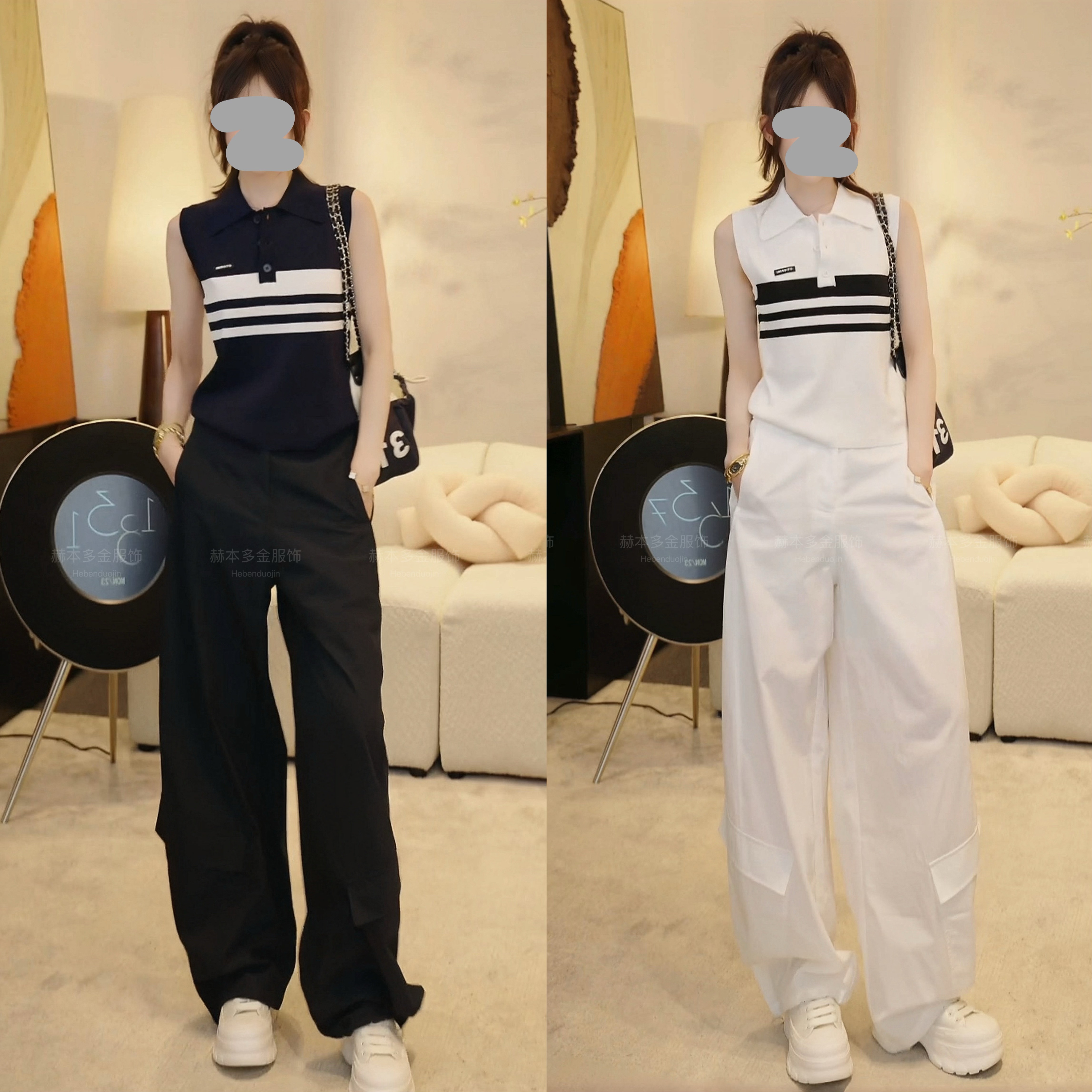 2025夏季时尚洋气POLO领针织无袖背心上衣显瘦百搭冰凉休闲裤套装