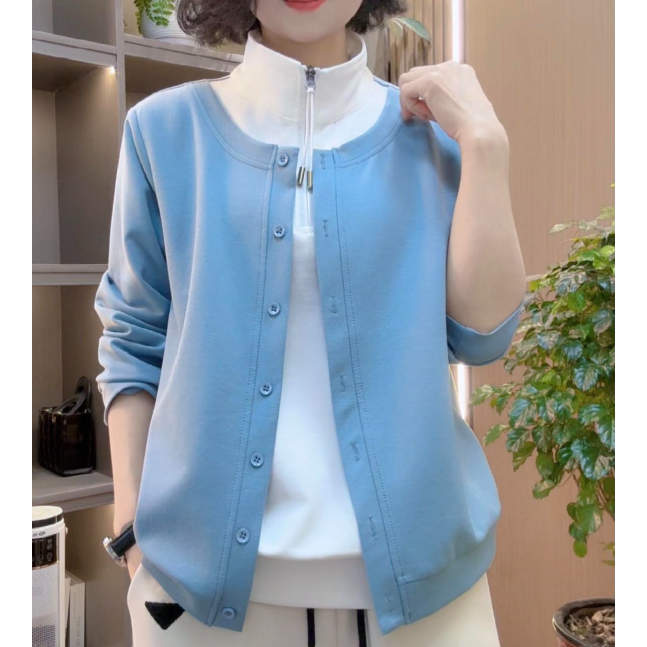 2025春季新款高级感假两件拉链时尚休闲长袖百搭打底衫女上衣2523