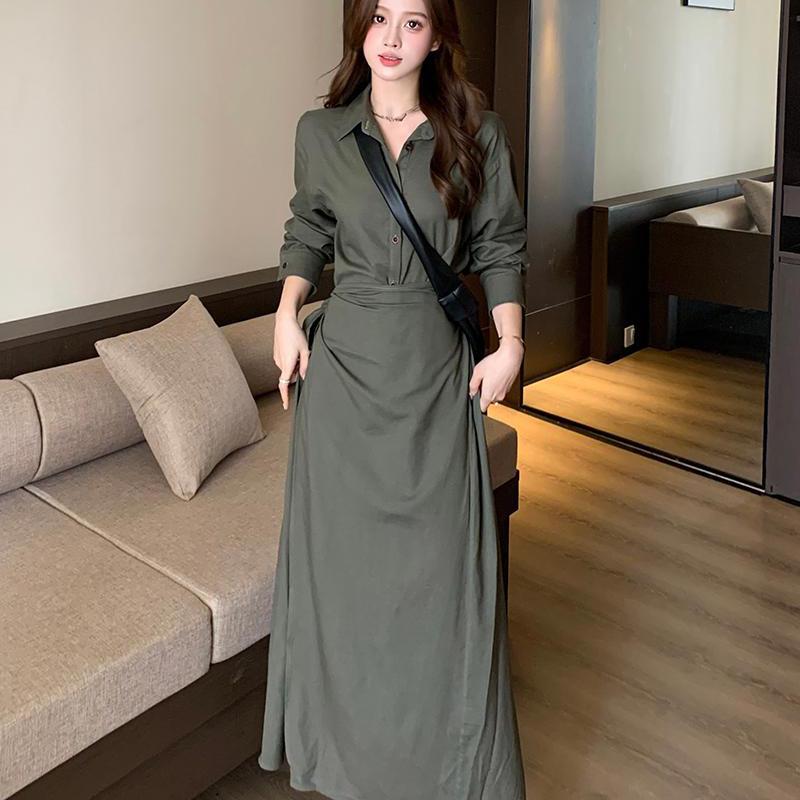 大码女装法式复古连衣裙绿色POLO领绑带收腰气质高级感衬衫长裙女
