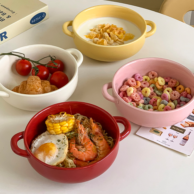 奶油风面碗双耳汤碗2025新款陶瓷餐具水果沙拉碗燕麦酸奶碗高级感