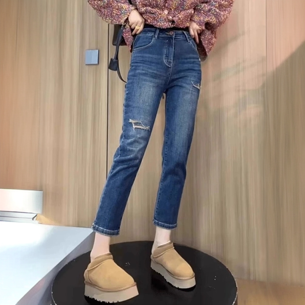 2025春季新款高腰显瘦窄版直筒牛仔裤大码百搭复古假破洞烟管裤子