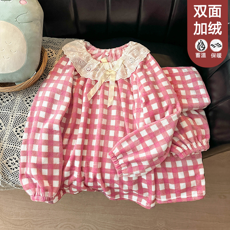 【星】秋冬加厚格子套头毛绒可爱睡衣女可外穿家居服套装5070