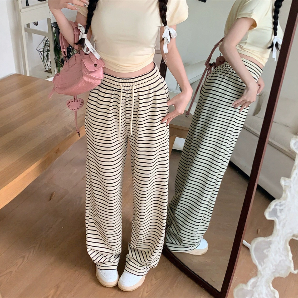 黑白条纹垂感休闲裤女秋季直筒长裤慵懒风松紧2025炸街潮款裤子女