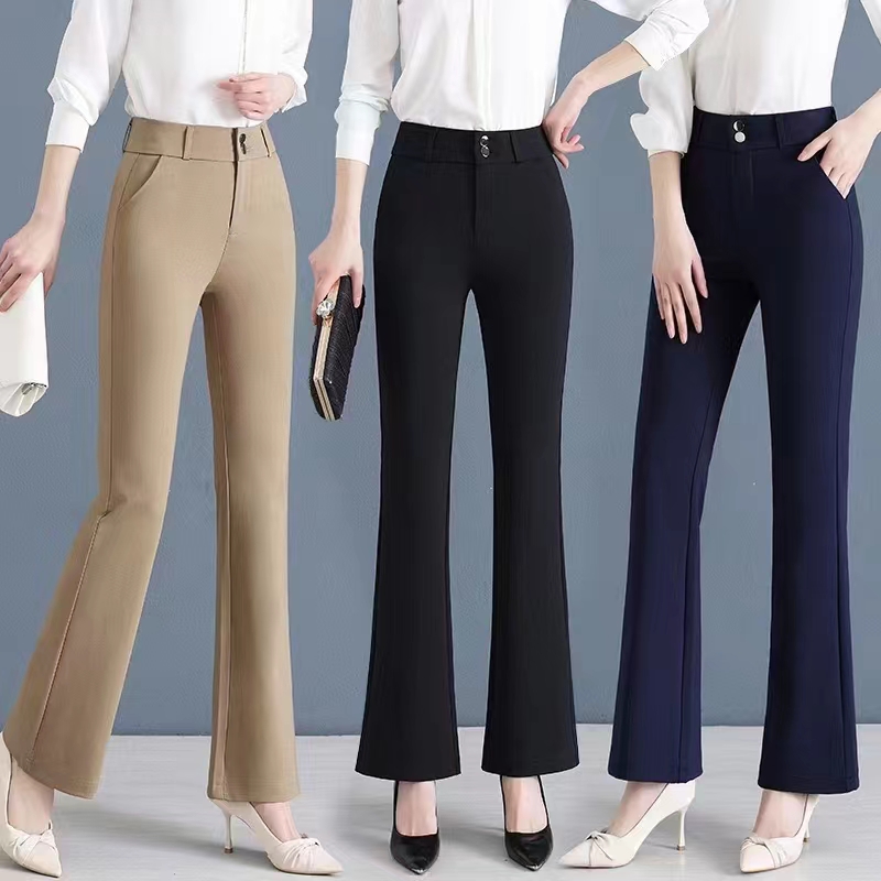 秋冬新款2025高腰显瘦弹力垂感百搭时尚休闲微喇裤女修身黑色