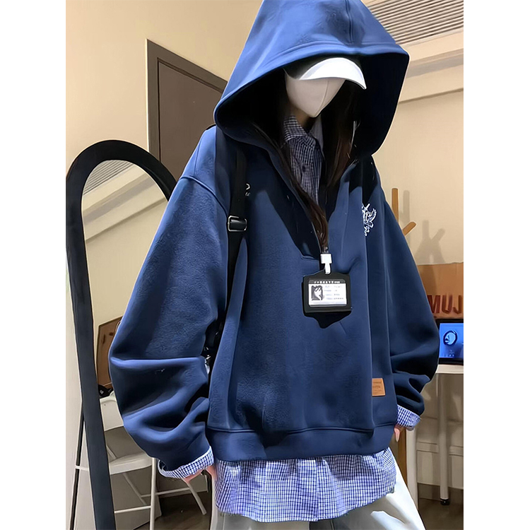 美式复古假两件连帽卫衣女春秋宽松设计感慵懒气质学院风休闲外套