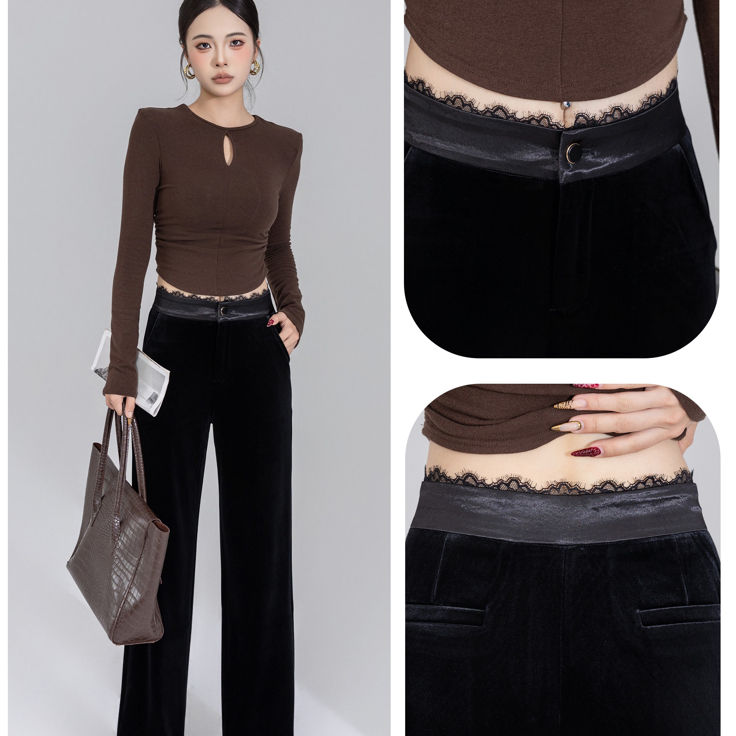 桃姐冬季新品显瘦气质时尚复古长款修身气质——王妃丝绒喇叭裤