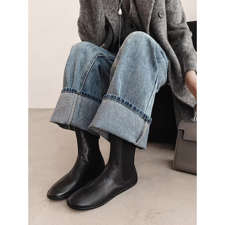 2025年新款时尚百搭显瘦弹力裸靴平底圆头套筒通勤单靴类似切尔西