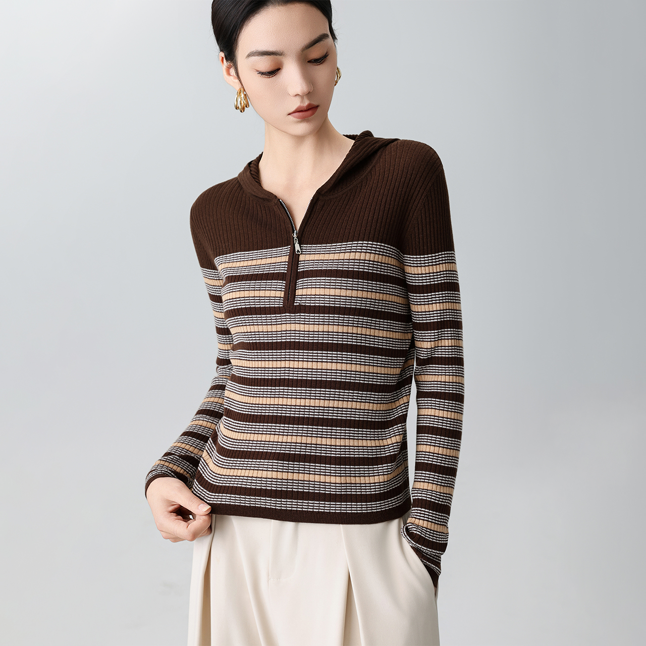 2025秋季新款连帽针织衫女长袖休闲横条纹上衣