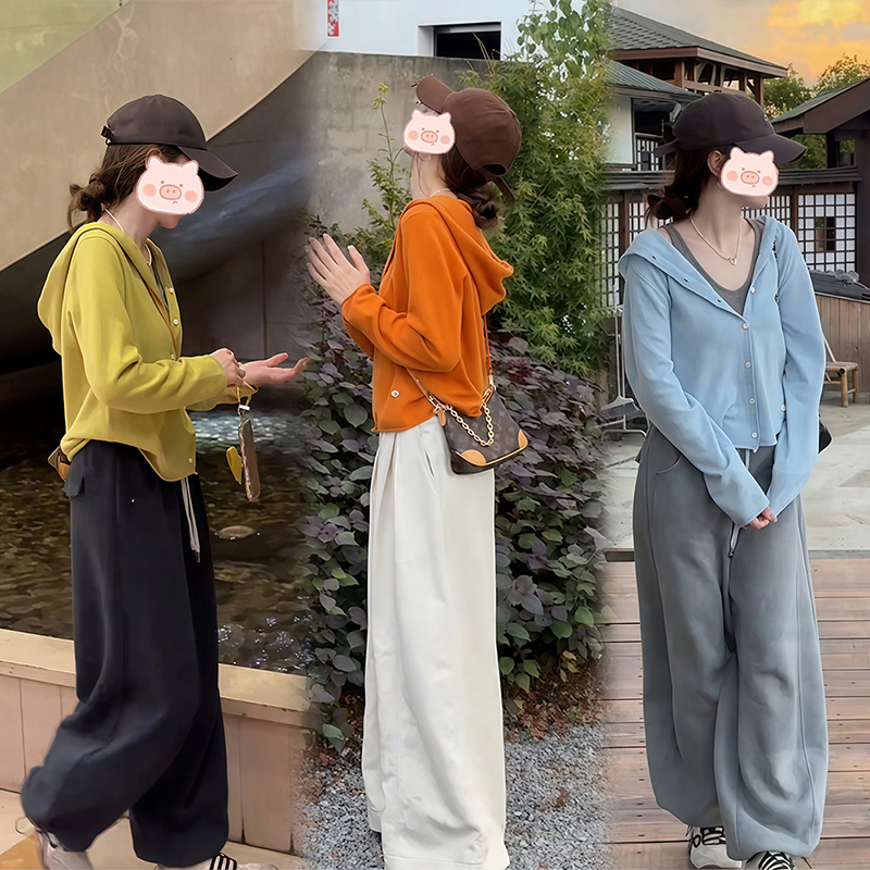 早秋季新款韩系休闲百搭洋气连帽毛衣上衣高腰阔腿休闲裤两件套女