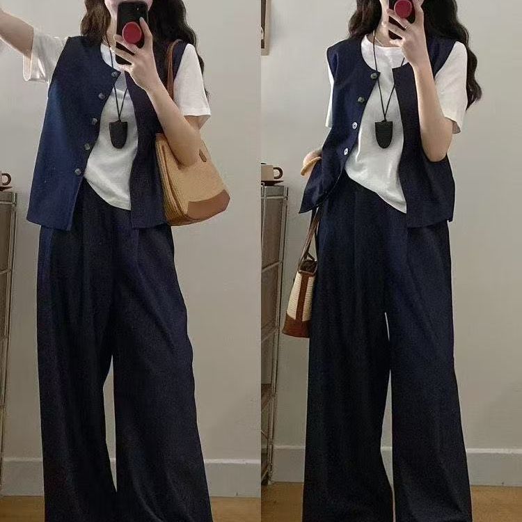 大码女装夏季显瘦套装宽松显瘦气质无袖马夹阔腿裤短袖T恤三件套