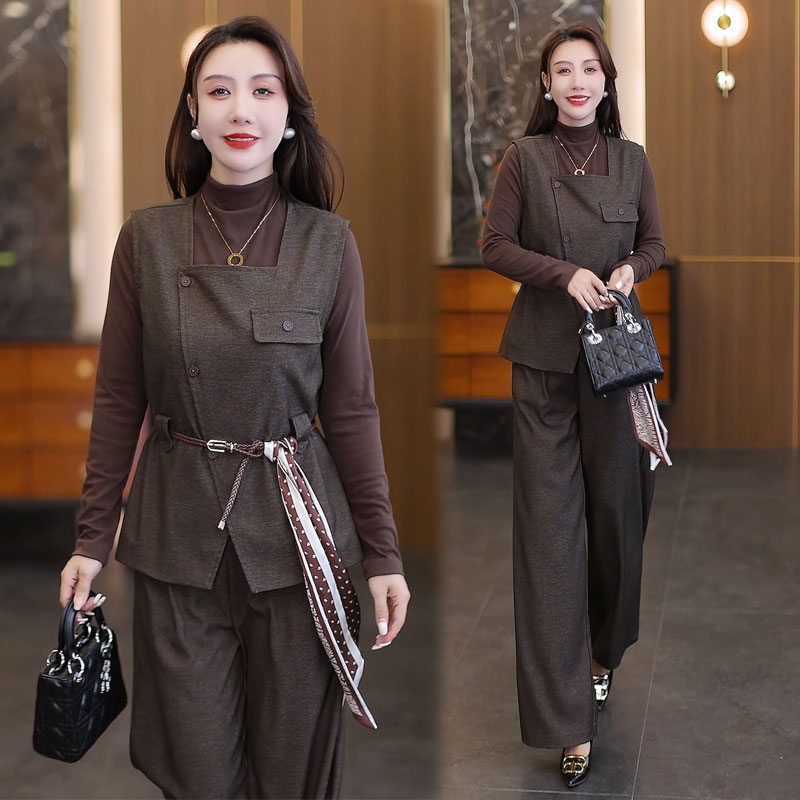 拉夏贝尔时尚套装秋季新款洋气系带马甲长袖打底衫阔腿裤三件套