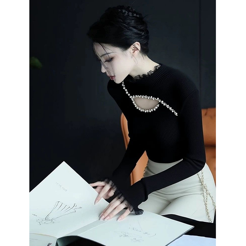 绝美漂亮蕾丝花边针织衫内搭毛衣女轻奢气质秋冬修身打底长袖上衣