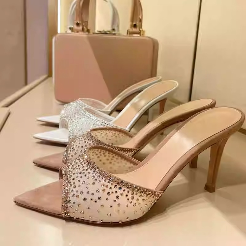 凉鞋女细跟露趾外穿凉拖2025新款尖头绝美高跟鞋网纱一字带半拖鞋