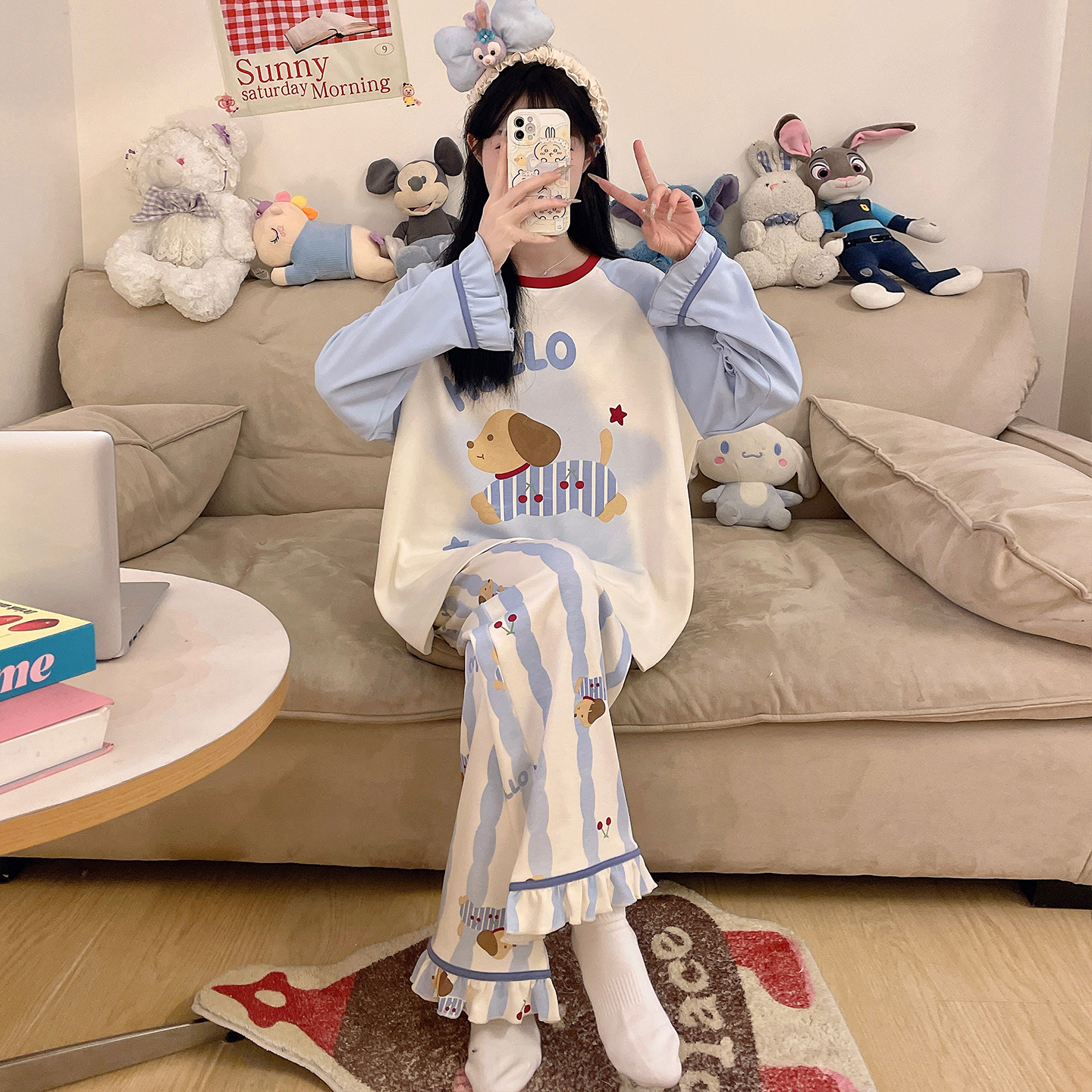 睡衣女孩初中生带胸垫春秋2025新款女童秋季纯棉家居服套装带杯罩