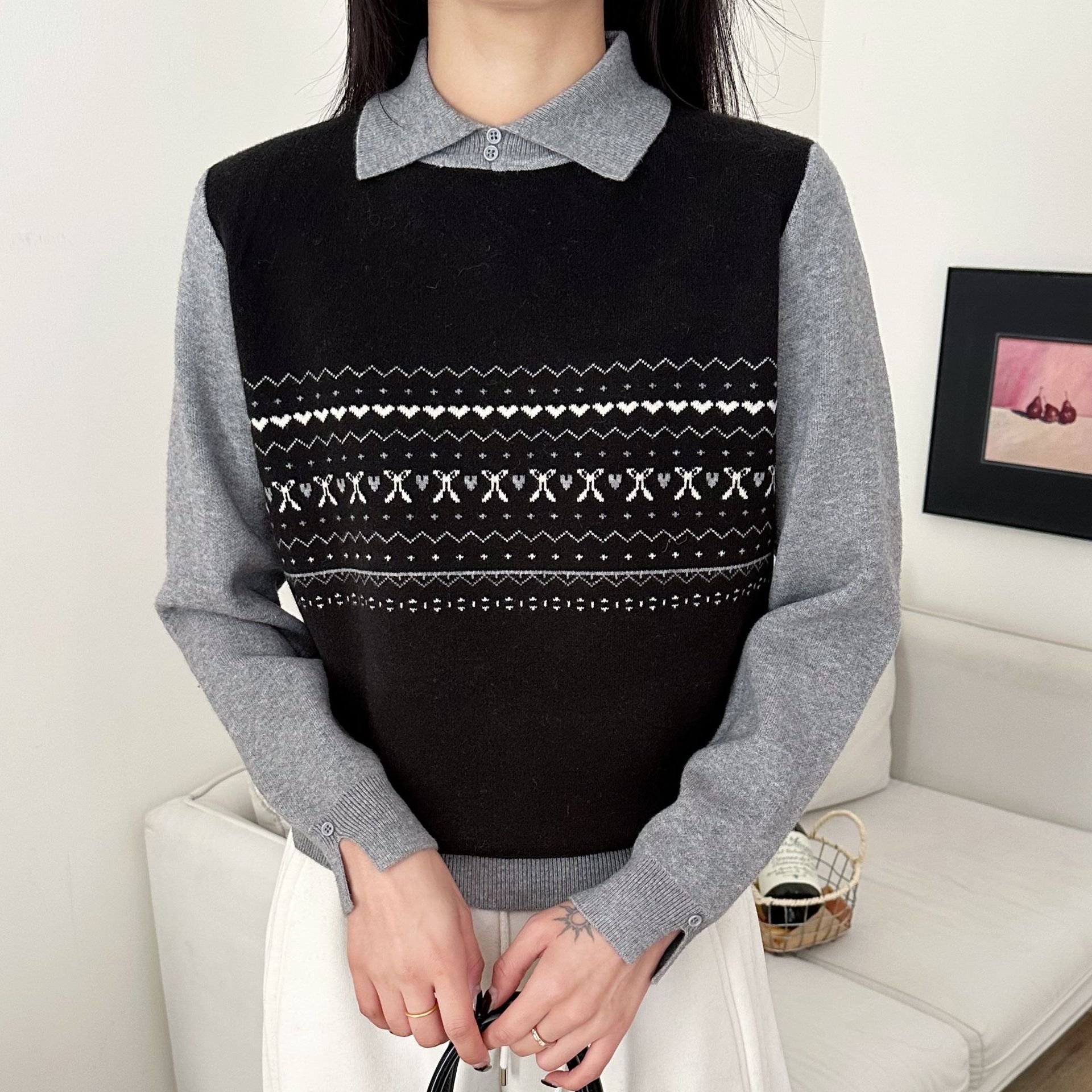 【正品现货】糯米绒新款翻领假两件设计感时尚百搭长袖显瘦女士上衣