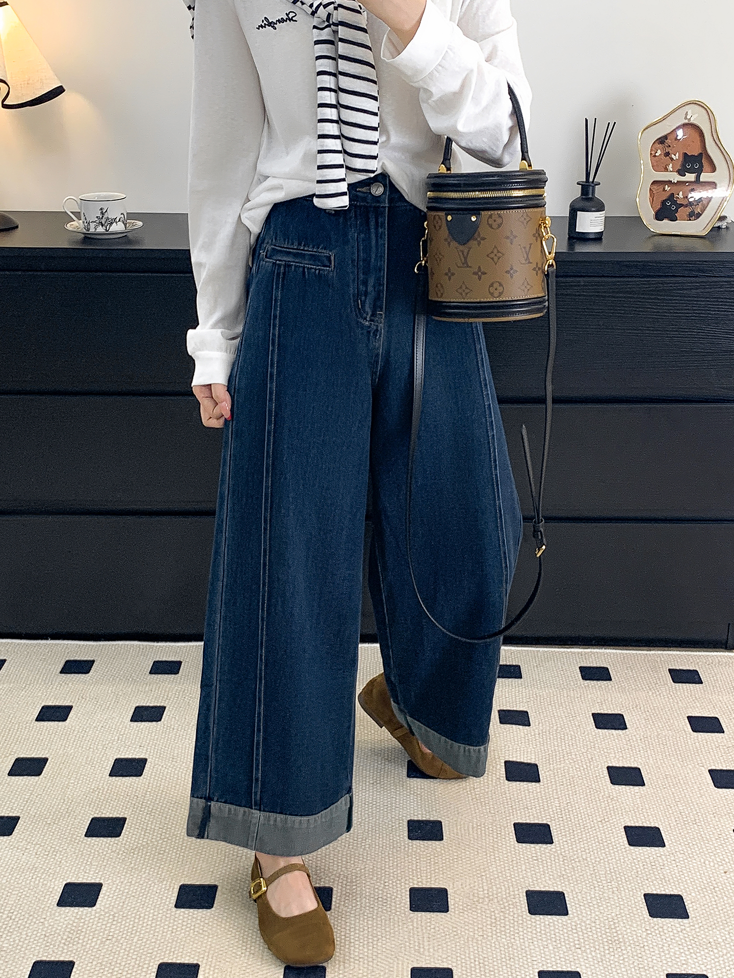 秋季新款深蓝色阔腿牛仔裤女大码胖妹妹mm显瘦高腰弹力宽松牛仔裤