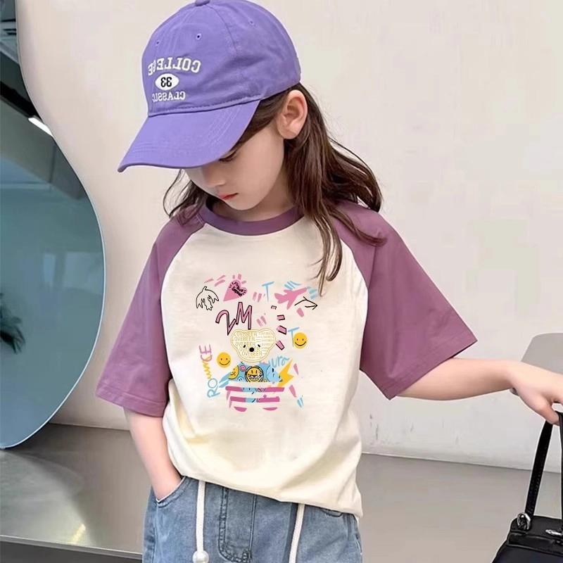女童卡通宽松撞色短袖T恤衫夏季新款半袖纯棉中小儿童内搭上衣潮
