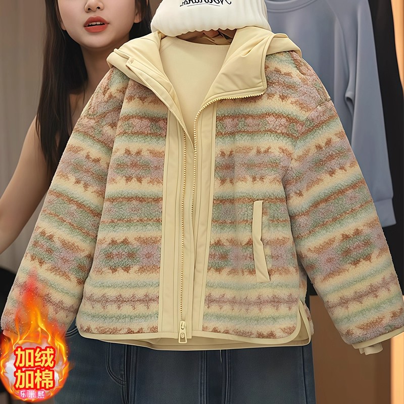 女童碎花毛毛衣2025新款秋冬加厚费尔岛二棉外套羊羔绒棉服夹棉衣