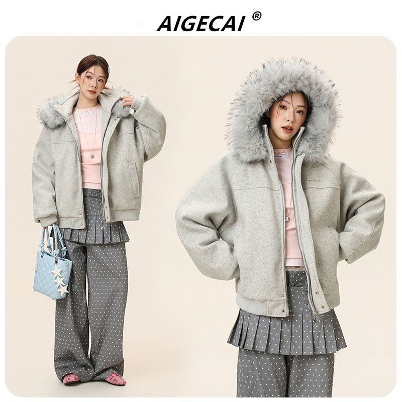 高品质【座山雕毛领连帽】休闲毛呢拼接冬季棉服保暖情侣款棉衣外套