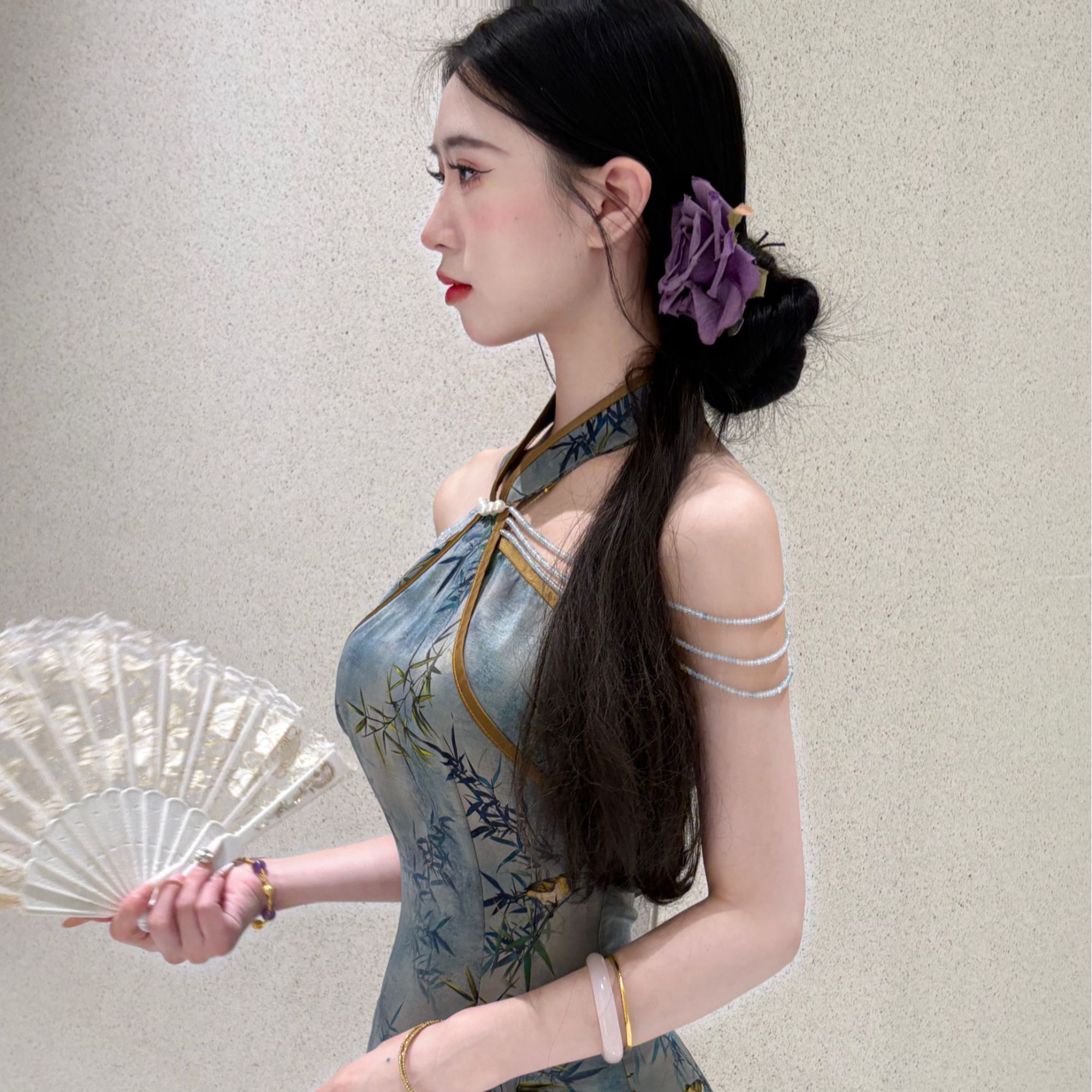 LHMknk1画报夫人原创自制高级手工珠链国风新中式旗袍 青竹拂面