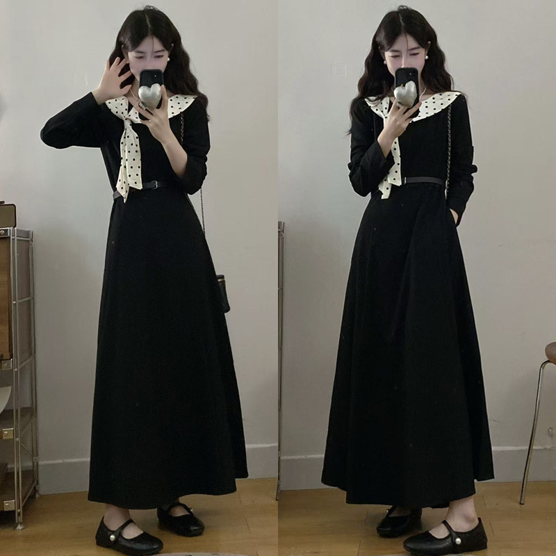 大码胖mm法式气质波点飘带领拼黑色连衣裙女高级感收腰长裙女