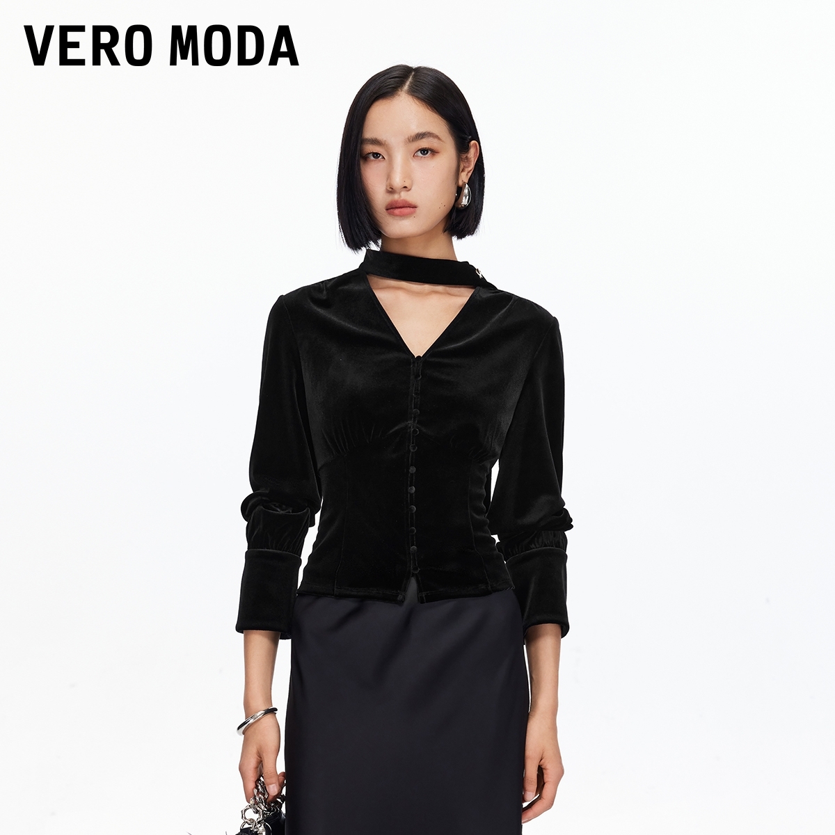 Vero Moda上衣2025秋季新款丝绒V领同色飘带收腰捏褶优雅气质百搭