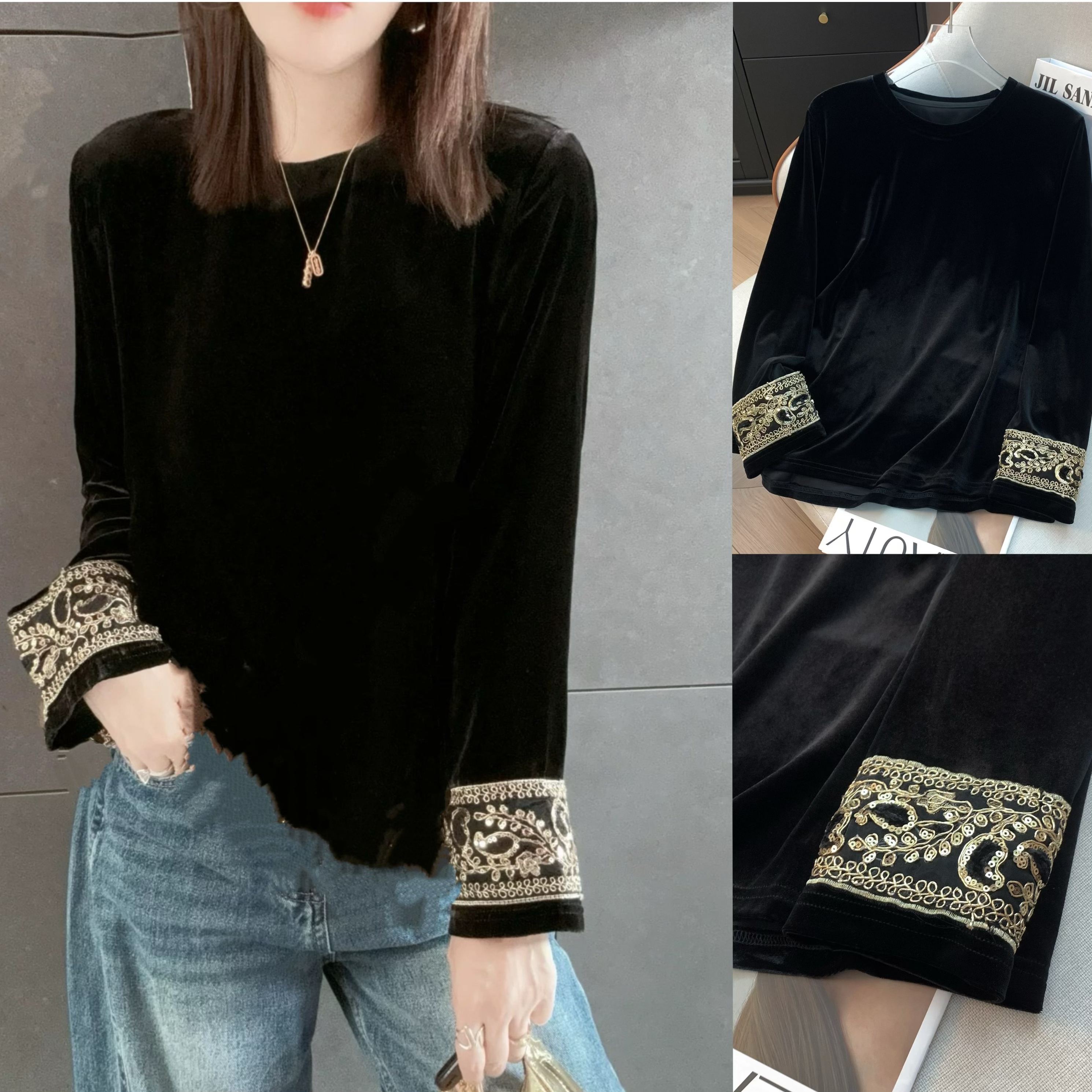 D999-3236【鎏金一】重工刺绣丝绒长袖上衣2025秋季圆领宽松上衣