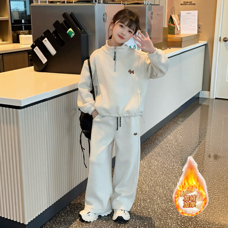 女童秋冬加绒套装新款时尚潮范半拉链抽绳上衣休闲宽松阔腿裤