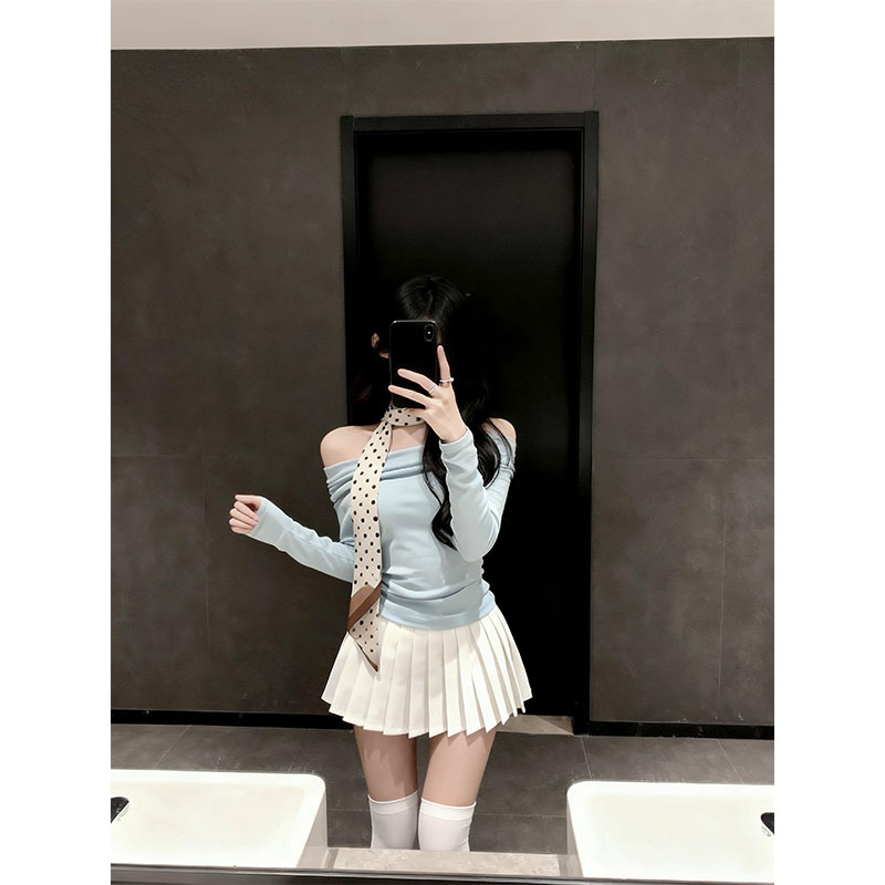 纯欲风露肩气质chic长袖T恤女一字肩修身辣妹百搭上衣显瘦百褶裙