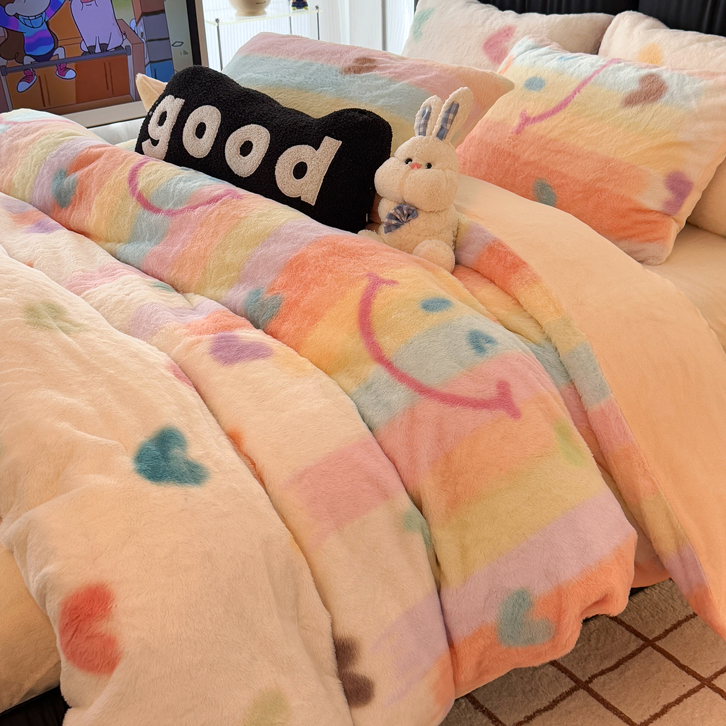 ins风多巴胺兔毛绒床上四件套A类加厚保暖双面牛奶珊瑚绒被套床单