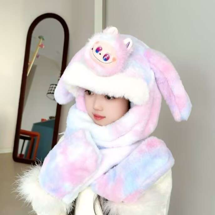 儿童帽子冬季围巾手套一体耳朵会动三件套加厚可爱男女童围脖