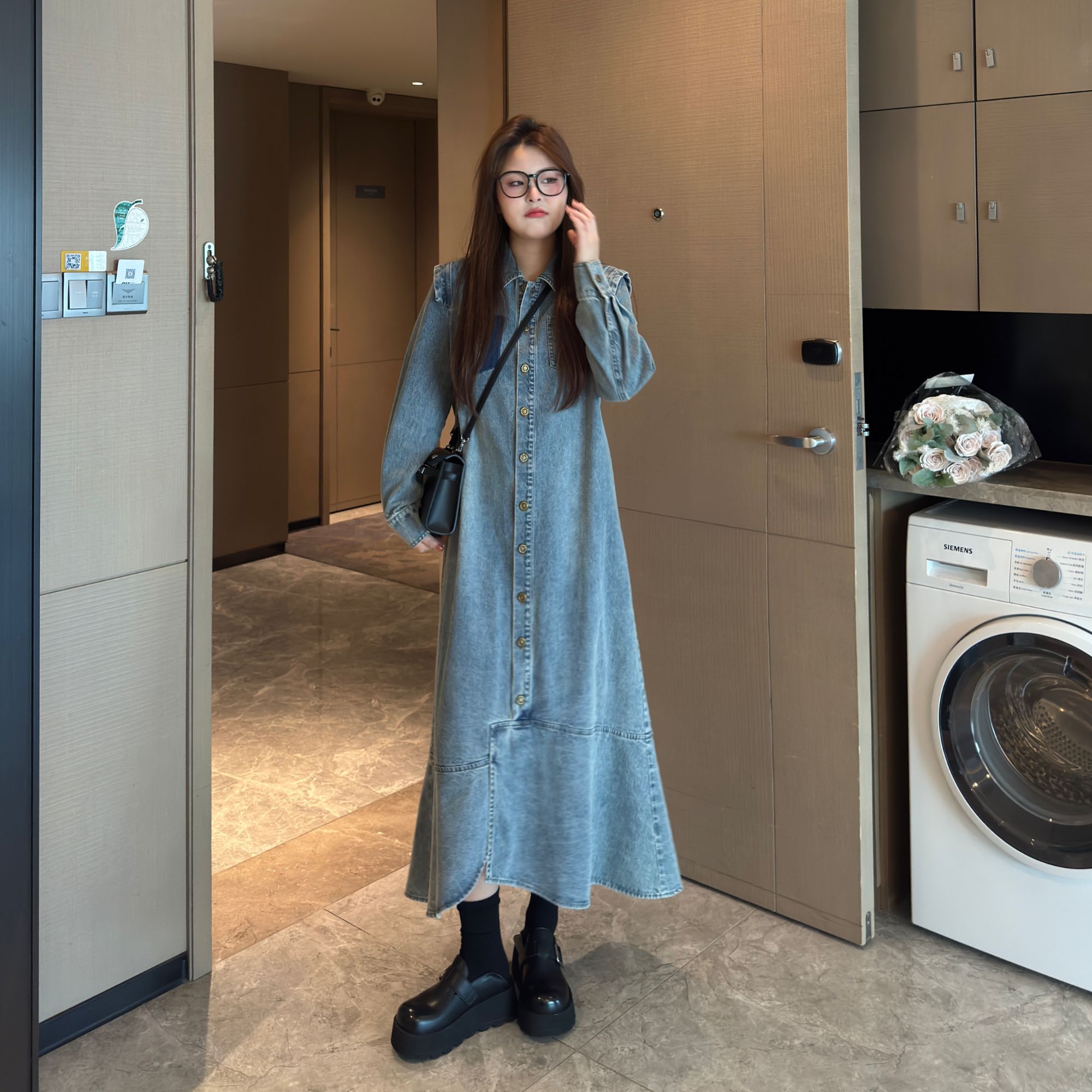 盈盈&南岛风大码女装荷叶边牛仔连衣裙胖mm宽松显瘦长裙ZYY1415