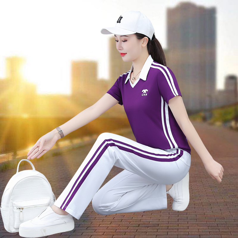 啄木鸟品牌冰丝运动套装翻领2025夏季新款妈妈广场跳舞直筒裤套装