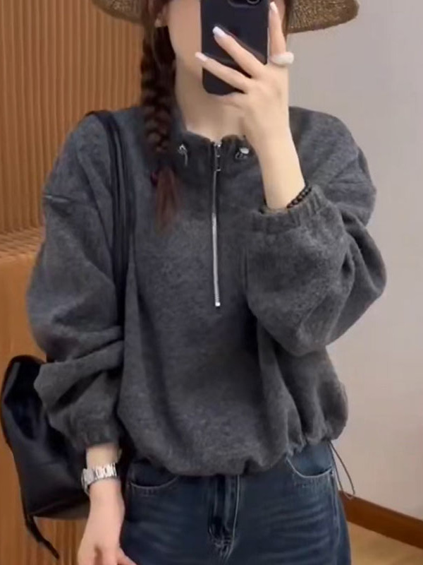 欧货秋季新款女装长袖卫衣拉链立领保暖纯色宽松轻熟百搭休闲上衣