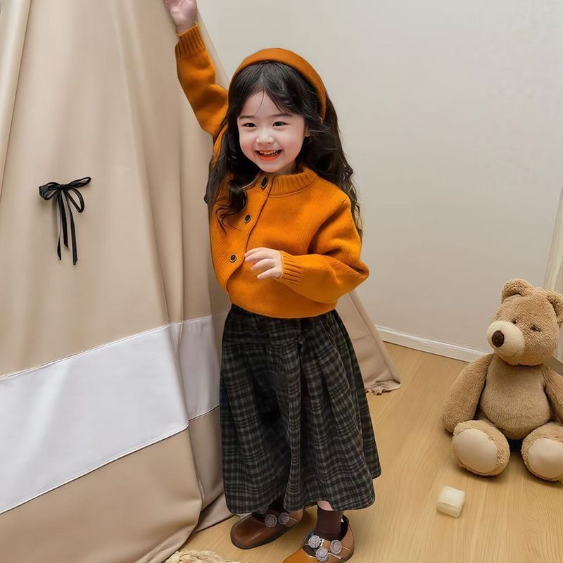 秋季女童新款套装2025秋冬韩系开衫毛衣外套格子阔腿裤洋气两件套