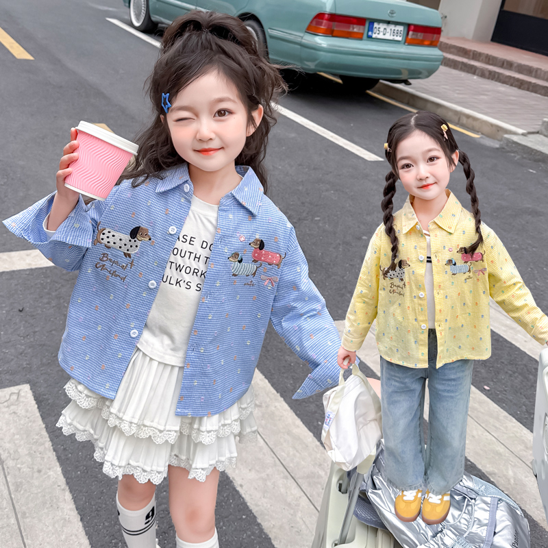 女童衬衫春秋2025新款儿童洋气卡通宝宝秋季长袖格子百搭秋装上衣