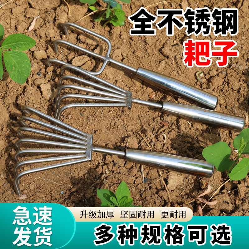 不锈钢一体焊接柄小耙子园艺多爪耙松土耙子海鲜赶海耙子3齿把5齿