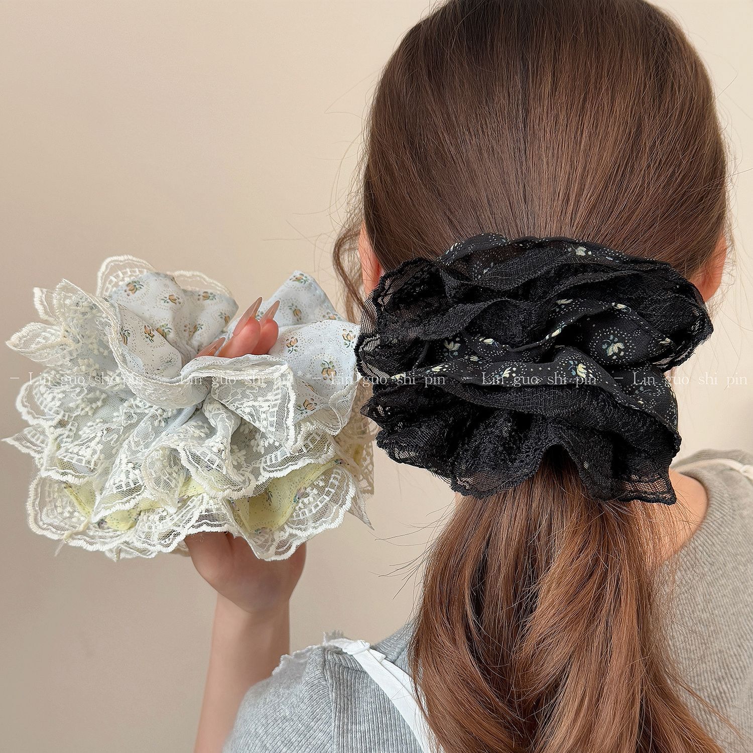 夏季甜美蕾丝花边大肠发圈四层高级感碎花头绳少女韩版皮筋头秋冬