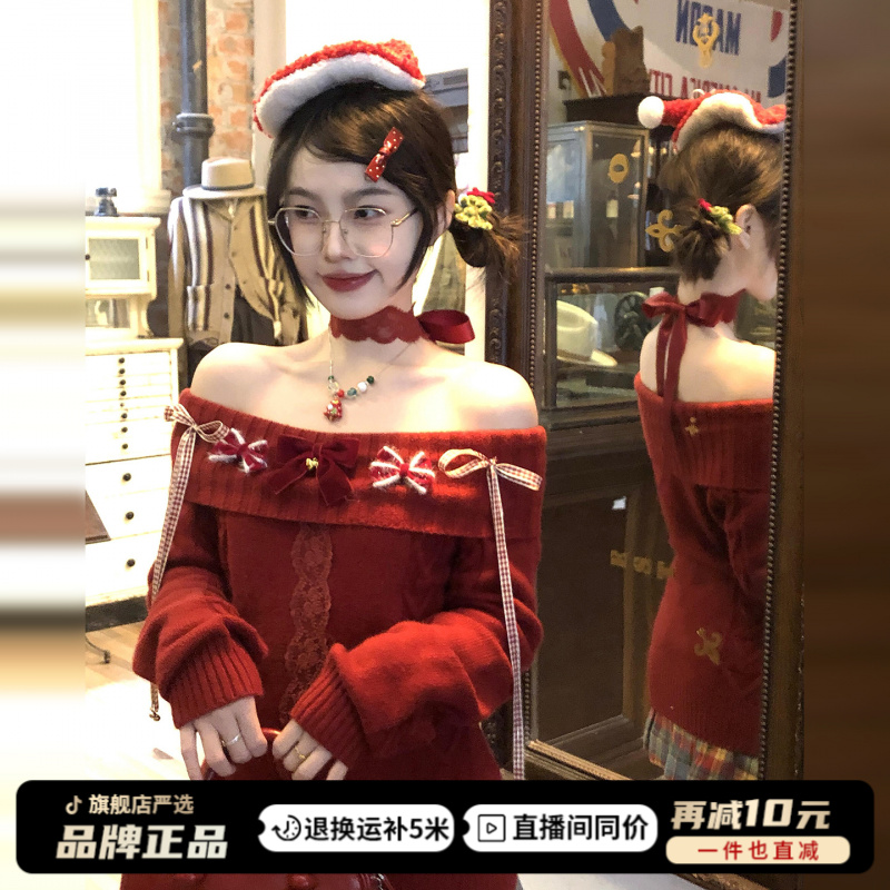 韩系复古红色毛衣女秋冬蝴蝶结一字肩针织衫辣妹纯欲收腰显瘦上衣
