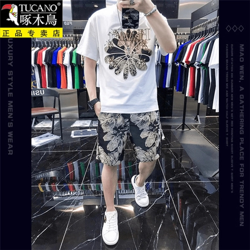 TUCANO/啄木鳥休闲套装男刺绣高端短袖t恤潮牌运动短裤潮牌两件套