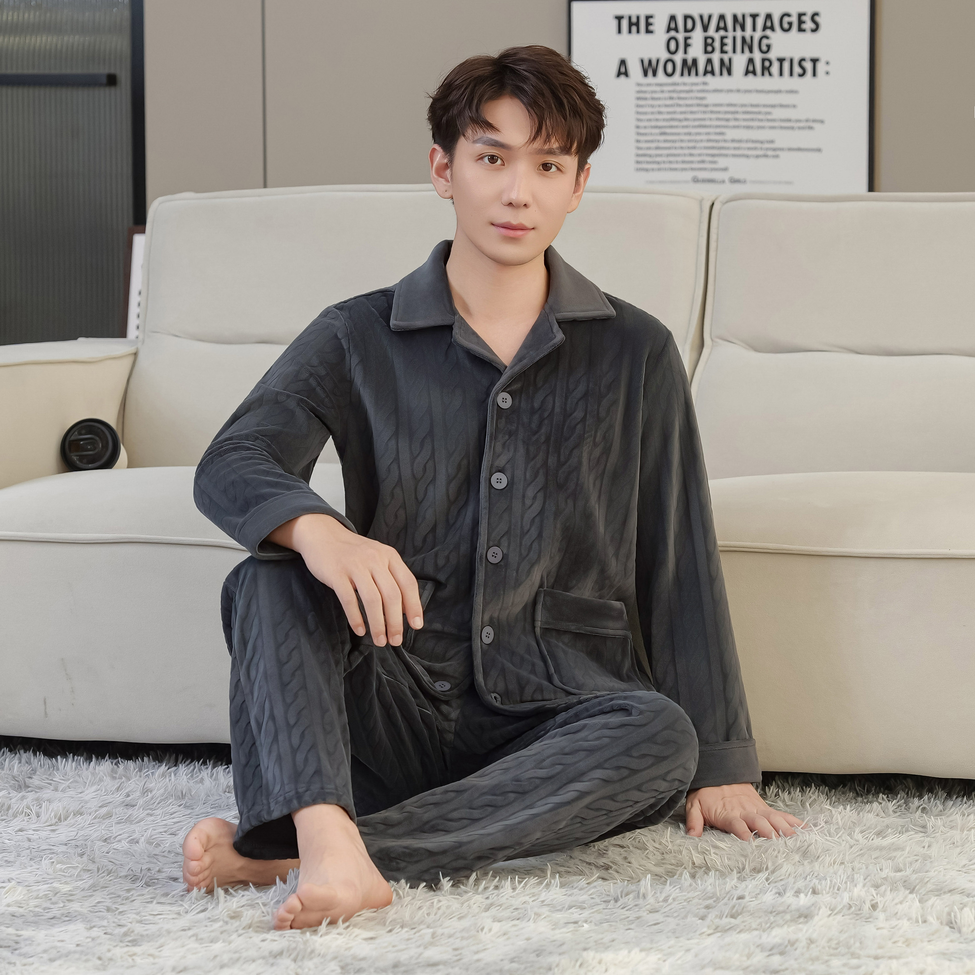 V/雅鹿【二代升级海岛绒】加绒加厚中老年男士睡衣家居服款保暖套装