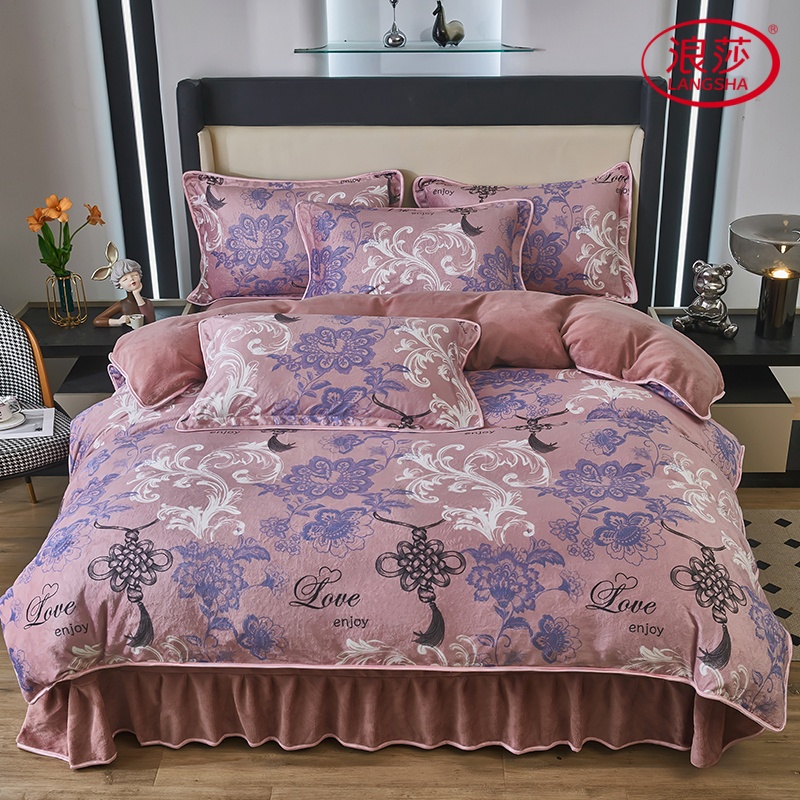 LangSha/浪莎升级款秋冬床裙加绒加厚印花牛奶绒四件套枕套随机