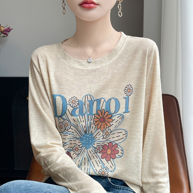 长袖印花t恤女2025早秋新款轻薄宽松休闲上衣