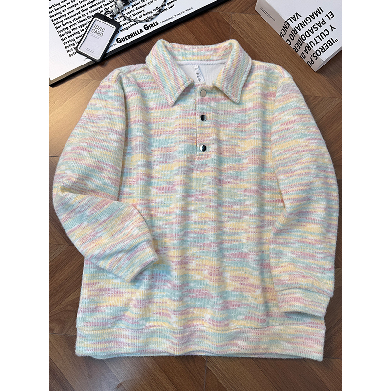 美式慵懒风彩虹Polo领卫衣男款秋冬宽松百搭针织毛衫加绒上衣外套