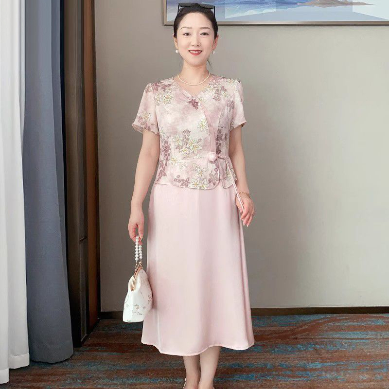 妈妈夏装连衣裙中年国风女装洋气短袖裙子2025新款高端假两件长裙